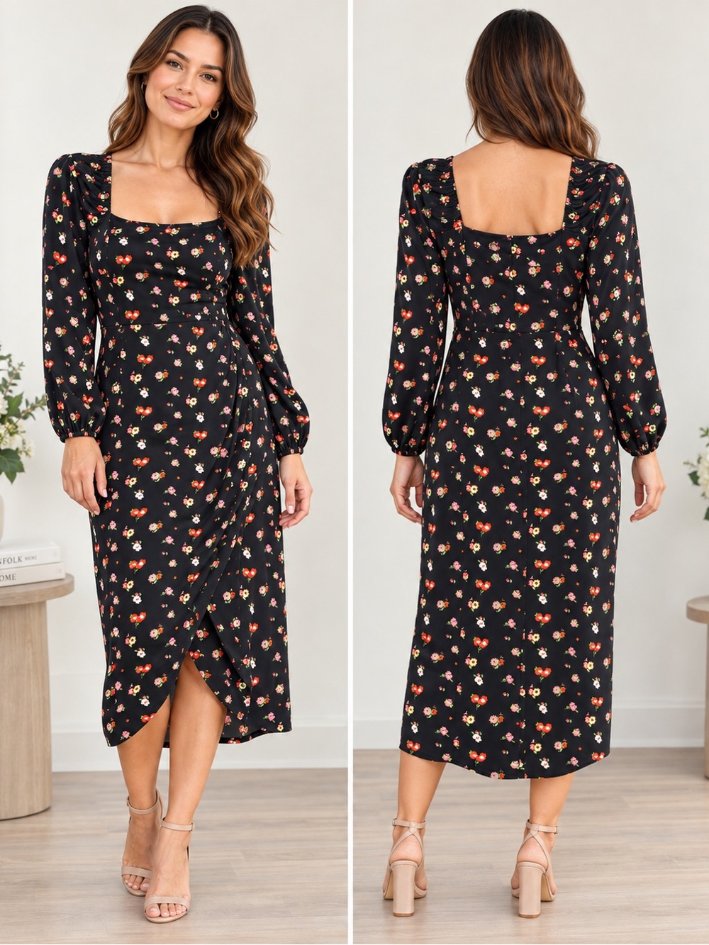 Boden Black Floral Square Neck Midi Dress Puff Sleeve Size US 12R